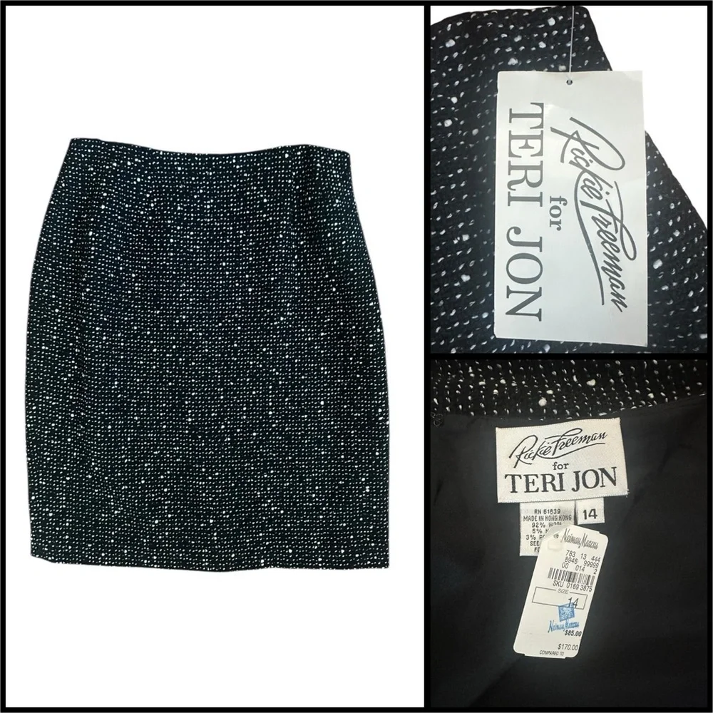 Teri Jon Rickie Freeman Black White Tweed Wool Skirt NWT Size 14